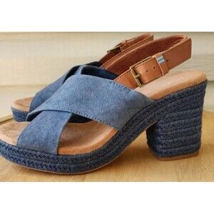 TOMS Ibiza Sandals Majolica Blue/Veg Tan Leather Womens Sz 9.5
